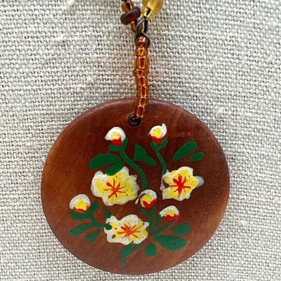 Vintage Hand-Painted Floral Pendant Necklace With Beaded Chain. B44 - Picture 3 of 13